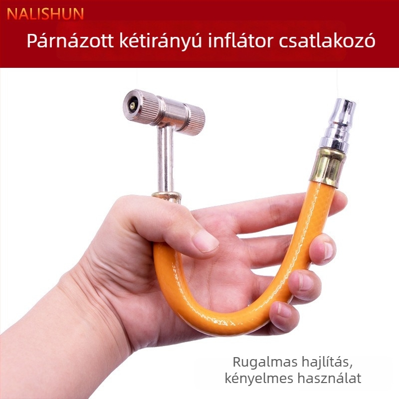 Gumi pumpáló tömlő dupla fejű szeleppel, többfunkciós – autó, motorkerékpár, kerékpár; anyag: fém és gumi