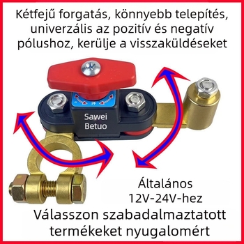 Autóakkumulátor-kikapcsoló tiszta réz testtel — rögzítő csipesz, védelem a szivárgás és a lemerülés ellen