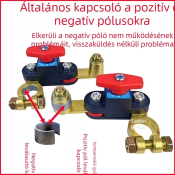 Autóakkumulátor-kikapcsoló tiszta réz testtel — rögzítő csipesz, védelem a szivárgás és a lemerülés ellen