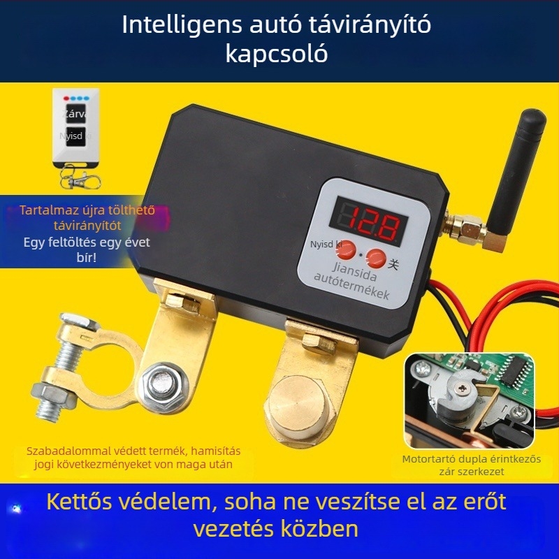 Autóakku kioldó kapcsoló vezeték nélküli távirányítással, 12V-os motorhoz, mechanikus stílus, hatótávolság kb. 30 m