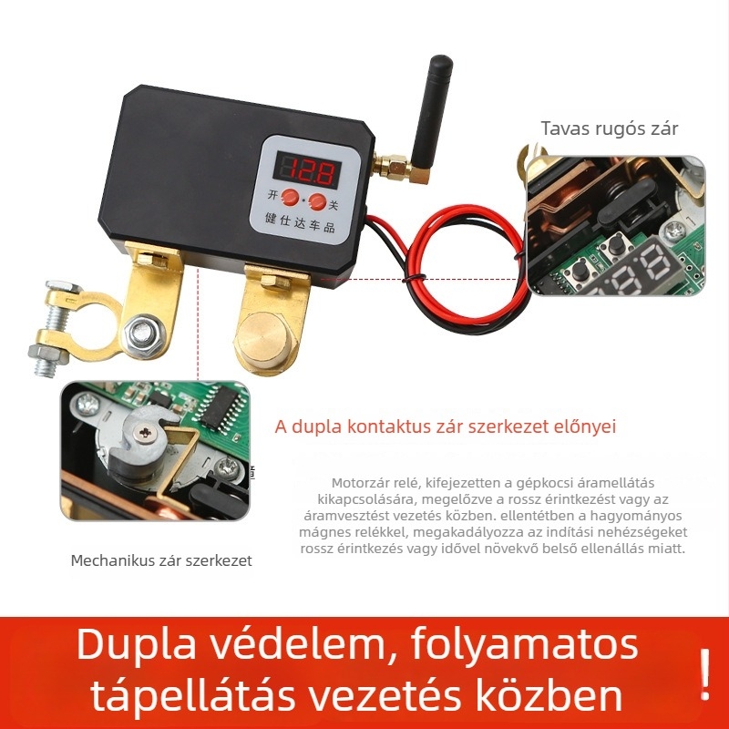 Autóakku kioldó kapcsoló vezeték nélküli távirányítással, 12V-os motorhoz, mechanikus stílus, hatótávolság kb. 30 m