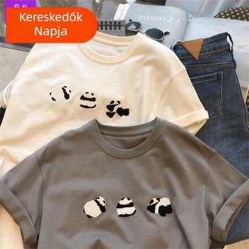 Pamut póló panda mintával, laza szabású, kerek nyakú, rövid ujjú