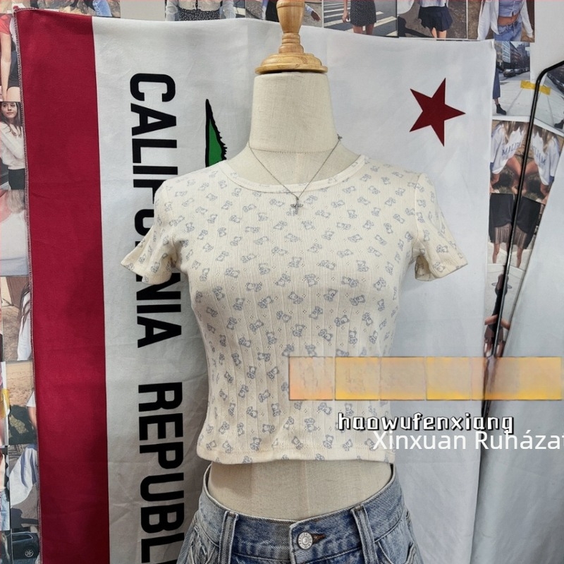 Pamut T-shirt kerek nyakkal, rövid ujjú, főiskolai stílus, 2024 nyár