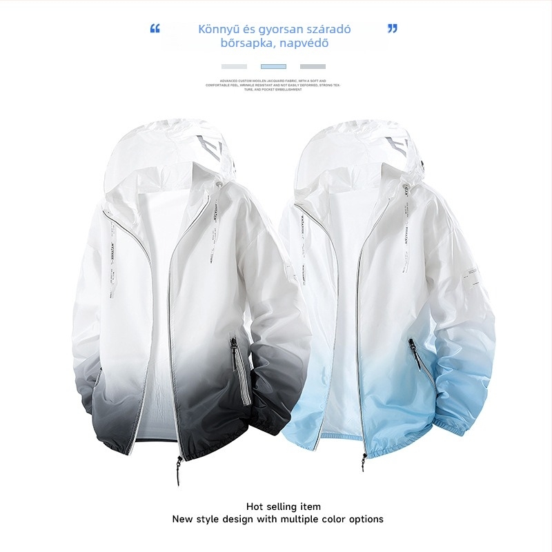 Ice Silk kapucnis UV-védett tinédzsernek készült könnyű nyári kültéri dzseki gradient mintával, cipzárral és oldalsó zsebekkel
