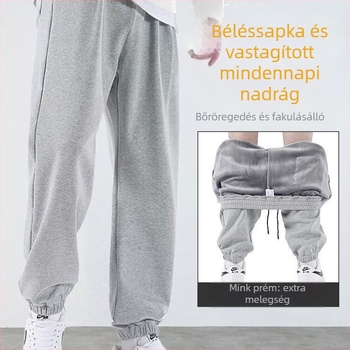 Férfi sportnadrág fleece-béléssel, vastag, magas derék, mikro-elasticitás, egyenes szabás
