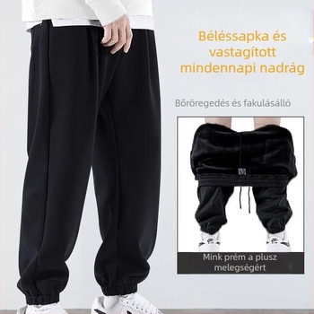 Férfi sportnadrág fleece-béléssel, vastag, magas derék, mikro-elasticitás, egyenes szabás