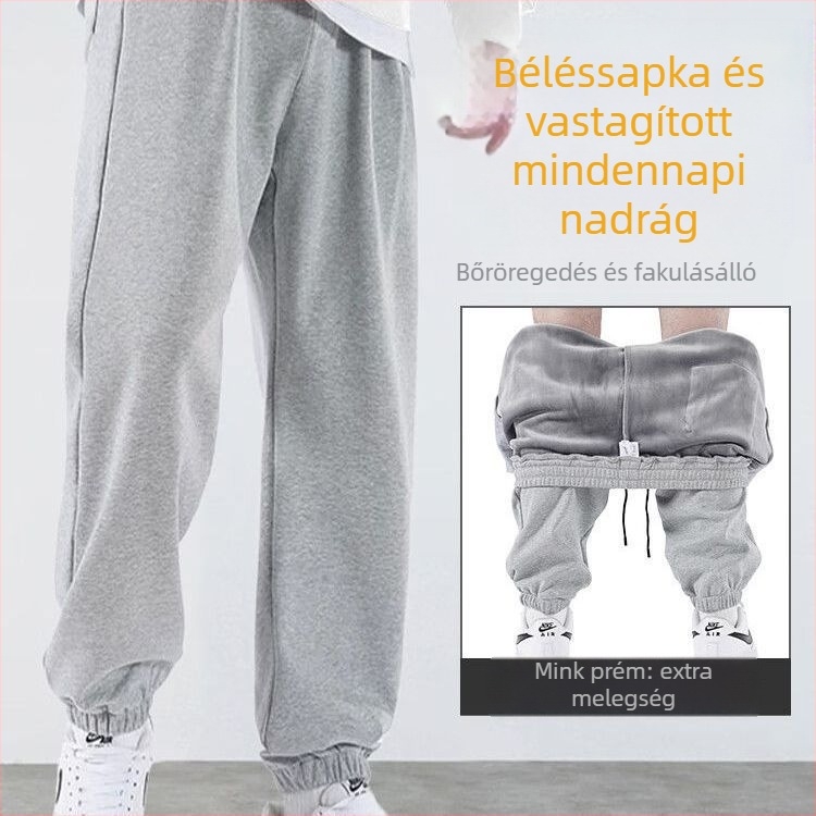 Férfi sportnadrág fleece-béléssel, vastag, magas derék, mikro-elasticitás, egyenes szabás