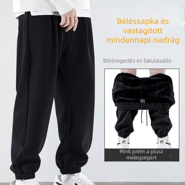 Férfi sportnadrág fleece-béléssel, vastag, magas derék, mikro-elasticitás, egyenes szabás