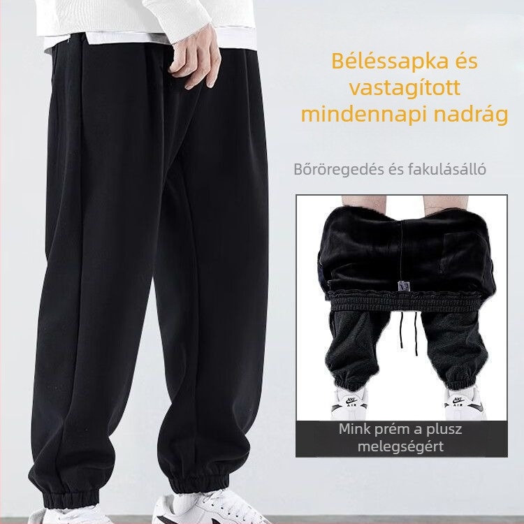 Férfi sportnadrág fleece-béléssel, vastag, magas derék, mikro-elasticitás, egyenes szabás