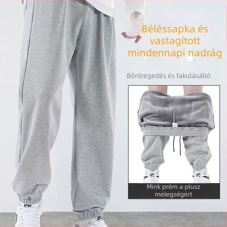 Férfi sportnadrág fleece-béléssel, vastag, magas derék, mikro-elasticitás, egyenes szabás