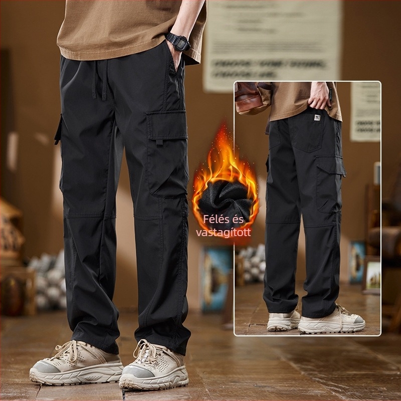 Férfi fleece-belelt munkanadrág, laza szabású egyenes szár, középmagas derék, övvel, sportos hétköznapi