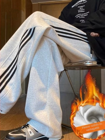 Férfi téli sportos nadrág, egyenes szabás, csíkos mintázat, velúr anyagú, fleece-béléssel, középmagas derék
