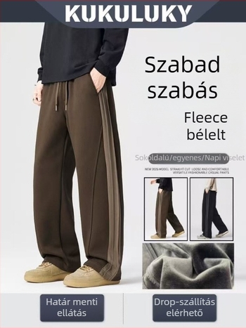 Férfi kötött sportnadrág fleece belsővel, téli, laza egyenes szabás, pamutkeverék anyag (68.9% pamut, 31.1% poliészter)