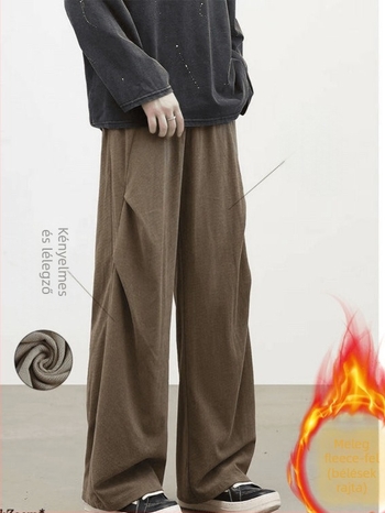 Férfi corduroy egyenes szabású nadrág fleece-béléssel, zsinórzár, téli mindennapi nadrág