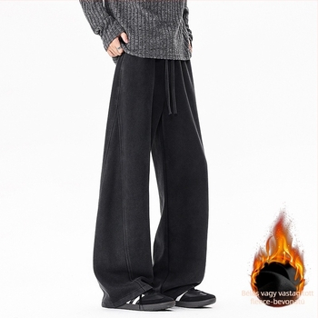 Férfi fleece-béléssel ellátott casual nadrág, téli vastagítás, egyenes szabású, hosszú, övvel és kötőfűzővel, mikroelasztikus