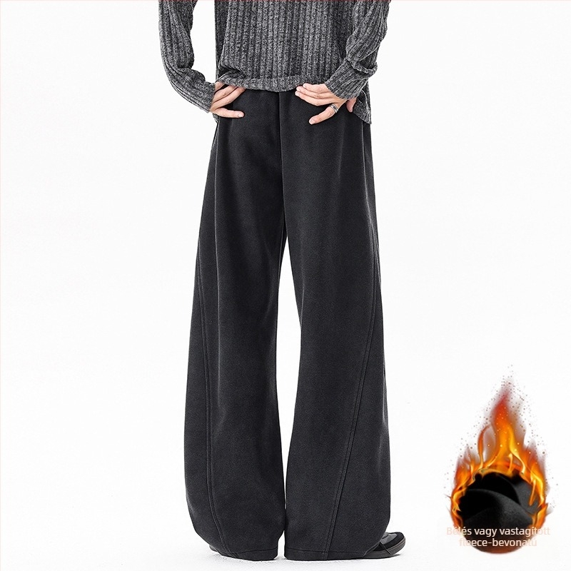 Férfi fleece-béléssel ellátott casual nadrág, téli vastagítás, egyenes szabású, hosszú, övvel és kötőfűzővel, mikroelasztikus