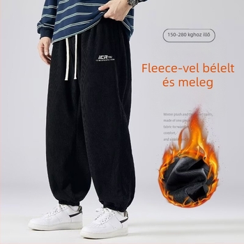 Férfi fleece-szövetes sportnadrág téli időszakra (téli, egyenes szabás, középmagas derék, kötős zárás), mindennapi nadrág