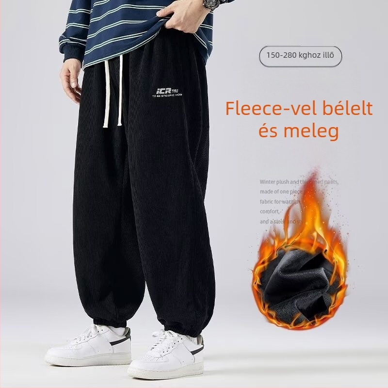 Férfi fleece-szövetes sportnadrág téli időszakra (téli, egyenes szabás, középmagas derék, kötős zárás), mindennapi nadrág