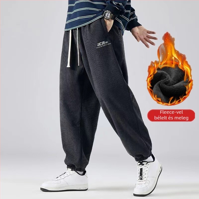 Férfi fleece-szövetes sportnadrág téli időszakra (téli, egyenes szabás, középmagas derék, kötős zárás), mindennapi nadrág
