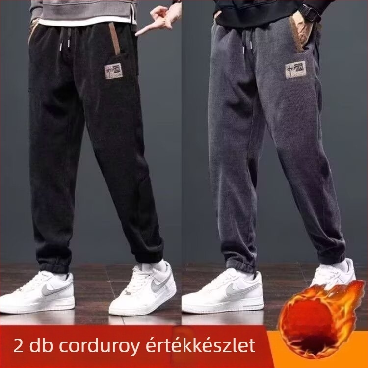 Férfi corduroy egyenes szárú nadrág fleece béléssel, casual, magas derekú, tél