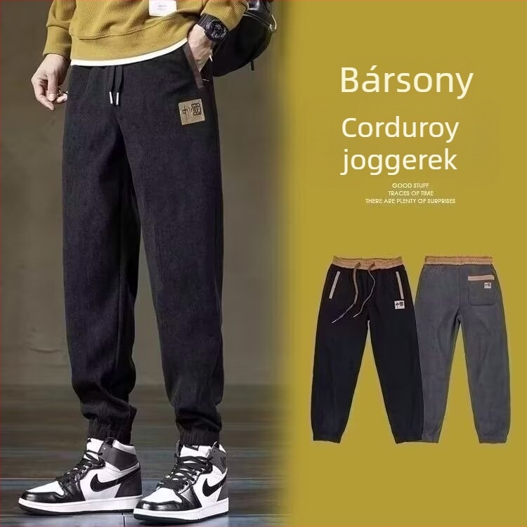 Férfi corduroy egyenes szárú nadrág fleece béléssel, casual, magas derekú, tél