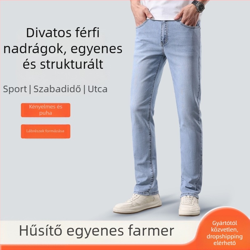 Férfi farmernadrág, egyenes szabású, fleece-béléssel, mindennapi viselet, cipzáras zárás, elasztikus pamut (98%)