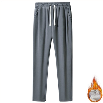 Fleece-béléssel, laza szabású férfi sportnadrág, téli viselet, középmagasságú derekú, egyenes szárú, pamut anyag