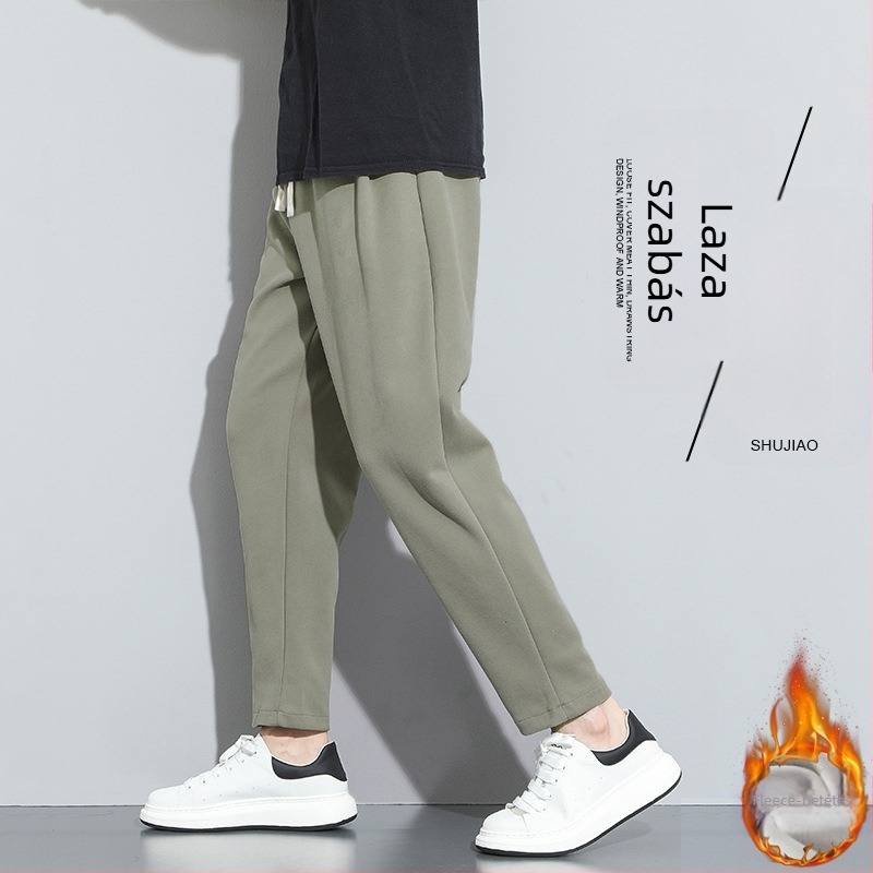 Fleece-béléssel, laza szabású férfi sportnadrág, téli viselet, középmagasságú derekú, egyenes szárú, pamut anyag