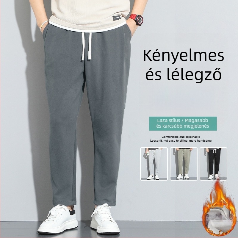 Fleece-béléssel, laza szabású férfi sportnadrág, téli viselet, középmagasságú derekú, egyenes szárú, pamut anyag