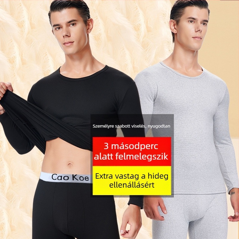 Férfi meleg termo alsóruha készlet, felső pulóverrel környakú és slim-fit alsóval, fleece belsővel, 95% poliészter keverék