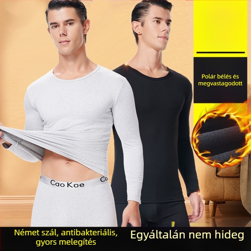 Férfi meleg termo alsóruha készlet, felső pulóverrel környakú és slim-fit alsóval, fleece belsővel, 95% poliészter keverék