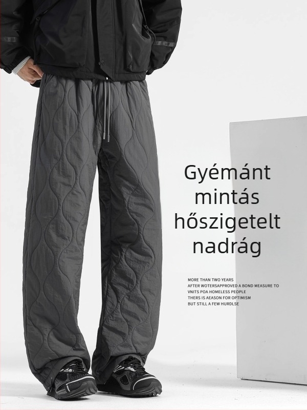 Férfi téli bélelt fleece nadrág, széles szabású, egyenes szárú, kötőzsinórral, hétköznapi sport