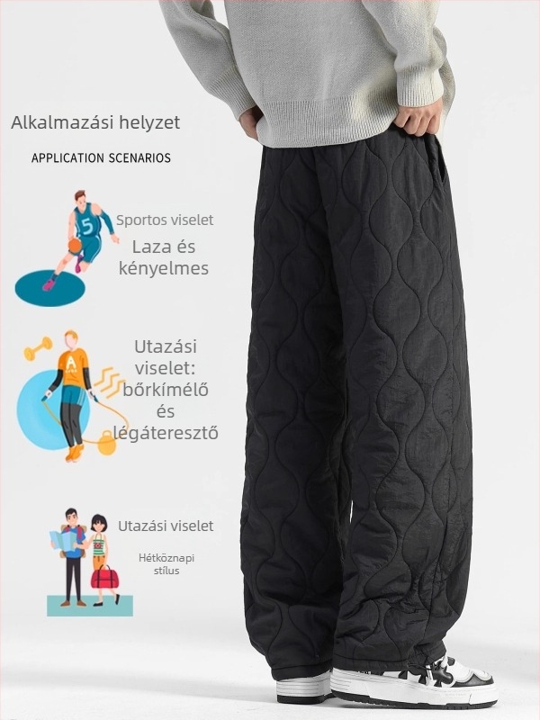 Férfi téli bélelt fleece nadrág, széles szabású, egyenes szárú, kötőzsinórral, hétköznapi sport