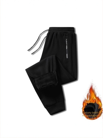 Férfi fleece‑alapú béléses laza szabású egyenes nadrág, koreai stílusú, hosszú, középmagas derék, poliészter, tél 2025