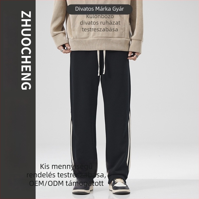Férfi egyenes szabású sportnadrág fleece béléssel, magas derék, pamut-keverék, csíkos mintázat