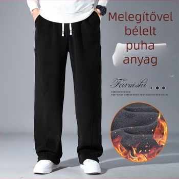 Plusz méretű férfi sportnadrág fleece-béléssel, magas derékkal, zsinóros záródás, egyenes szabás, téli szezon