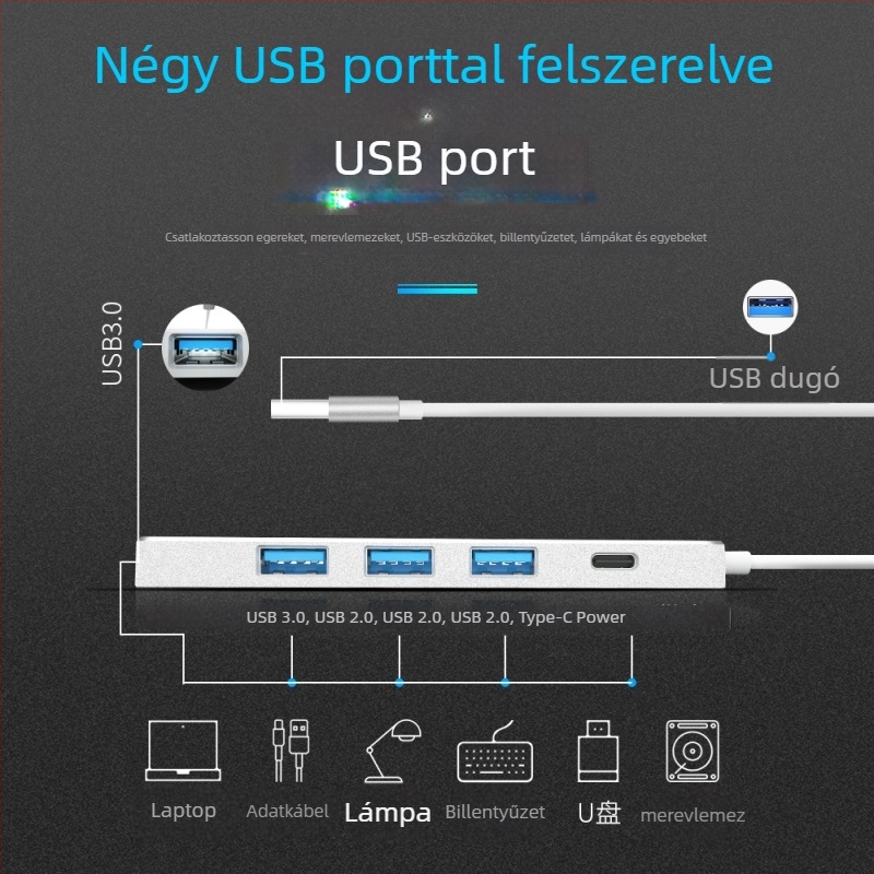 USB 3.0 OTG hub négy porttal, 5 Gbps adatátvitel, külső tápegység nélkül