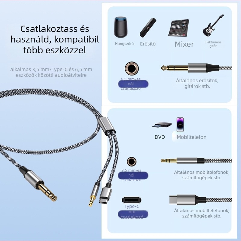 6,5 mm-től 3,5 mm-ig Audio Kábel, Modell 1-JYD-002, Aranyozott, Rézvezető, CCC tanúsított