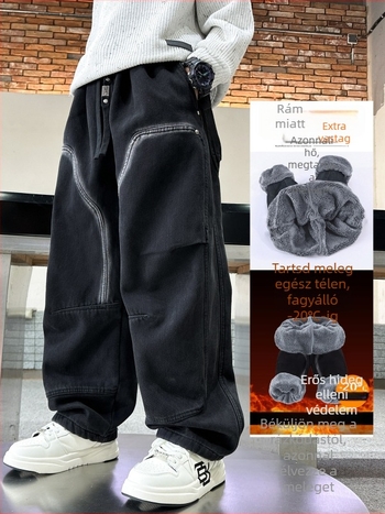 Fiúknak szánt farmernadrág fleece béléssel, koreai stílus, 85% pamut, középső derekú, téli 2025