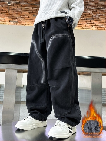 Fiúknak szánt farmernadrág fleece béléssel, koreai stílus, 85% pamut, középső derekú, téli 2025