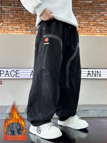 Fiúknak szánt farmernadrág fleece béléssel, koreai stílus, 85% pamut, középső derekú, téli 2025
