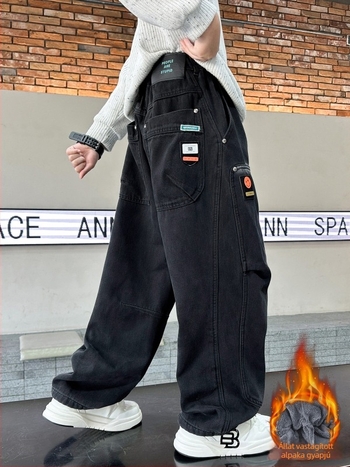 Fiúknak szánt farmernadrág fleece béléssel, koreai stílus, 85% pamut, középső derekú, téli 2025