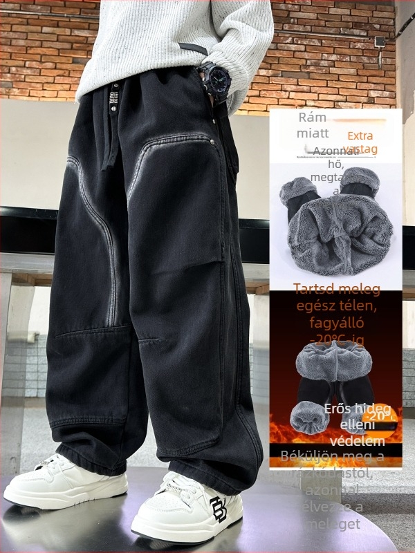 Fiúknak szánt farmernadrág fleece béléssel, koreai stílus, 85% pamut, középső derekú, téli 2025