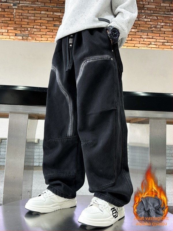 Fiúknak szánt farmernadrág fleece béléssel, koreai stílus, 85% pamut, középső derekú, téli 2025