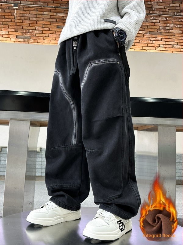 Fiúknak szánt farmernadrág fleece béléssel, koreai stílus, 85% pamut, középső derekú, téli 2025