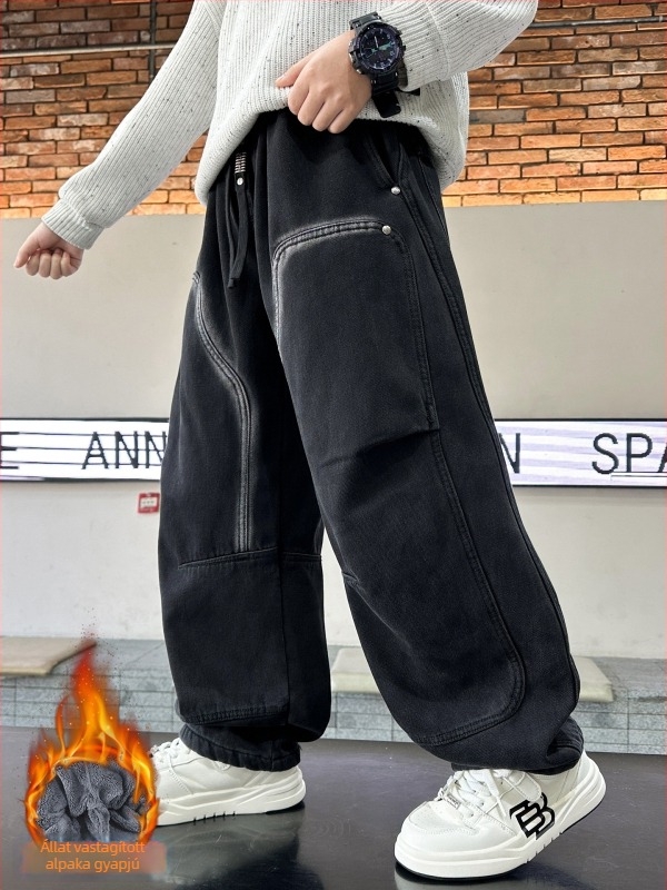 Fiúknak szánt farmernadrág fleece béléssel, koreai stílus, 85% pamut, középső derekú, téli 2025