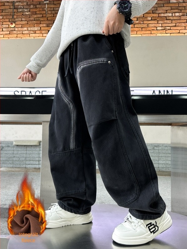 Fiúknak szánt farmernadrág fleece béléssel, koreai stílus, 85% pamut, középső derekú, téli 2025