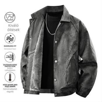 Férfi vastag PU bőr kabát béléssel, őszi-téli, méretek M–8XL, cipzárral