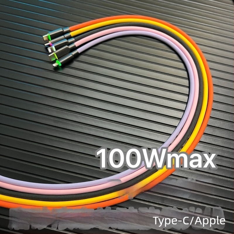 RGB‑világított matt folyékony szilikon adatkábel, 100W gyorstöltés, Huawei, Oppo és Apple iPhone 15/16‑hoz
