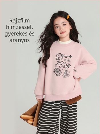 Lányoknak koreai stílusú pamut pulóver fleece béléssel, hosszú ujjú, karikatúra/betű mintával, 3–8 éveseknek